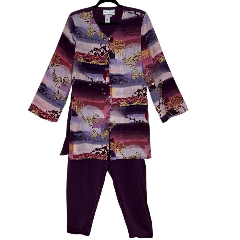 Vintage Diane Gilman Pant Set Purple Silk Tunic & Pants Asian Inspired Size S/M